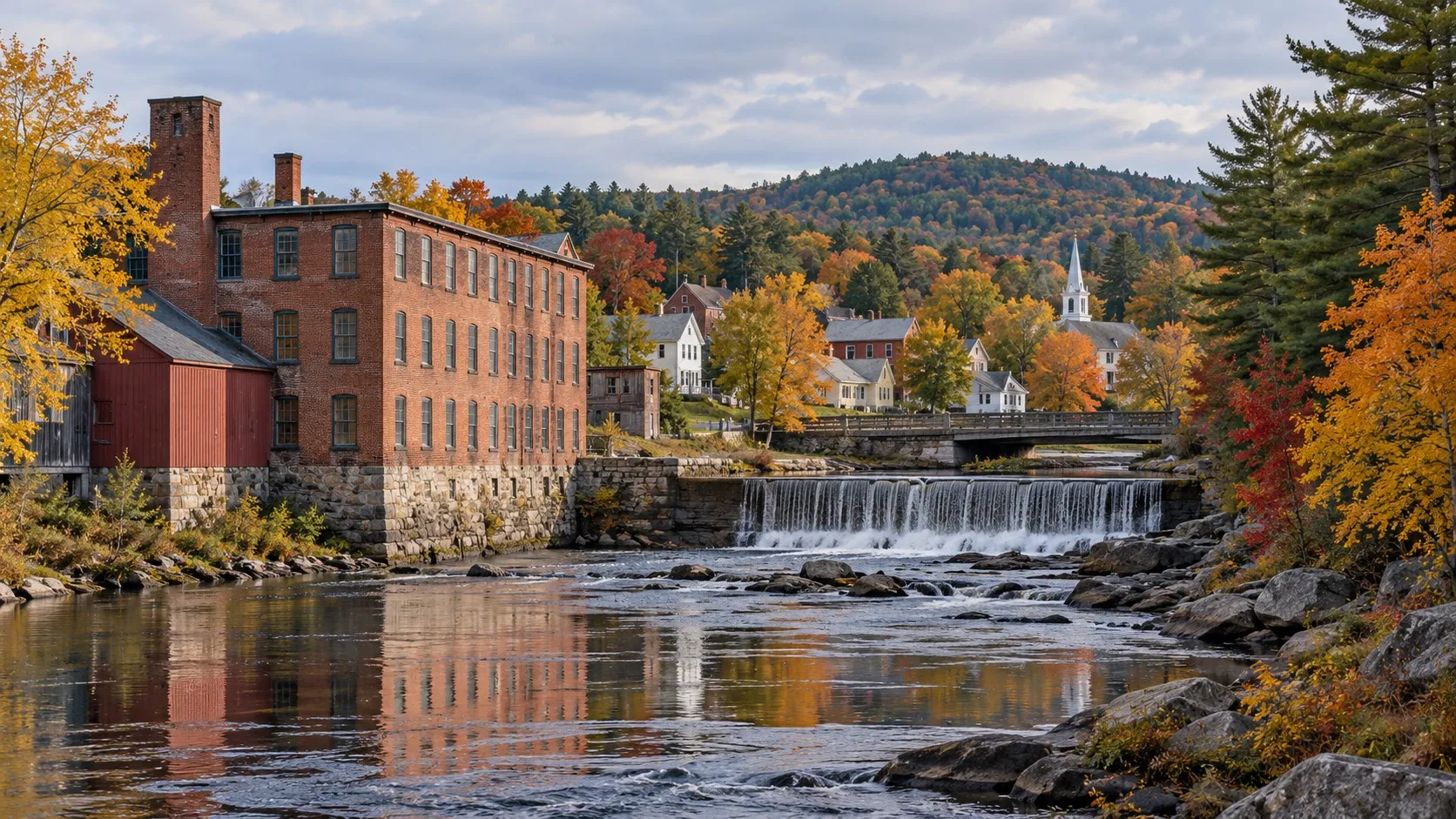 A river town with an old brick mill and autumn trees