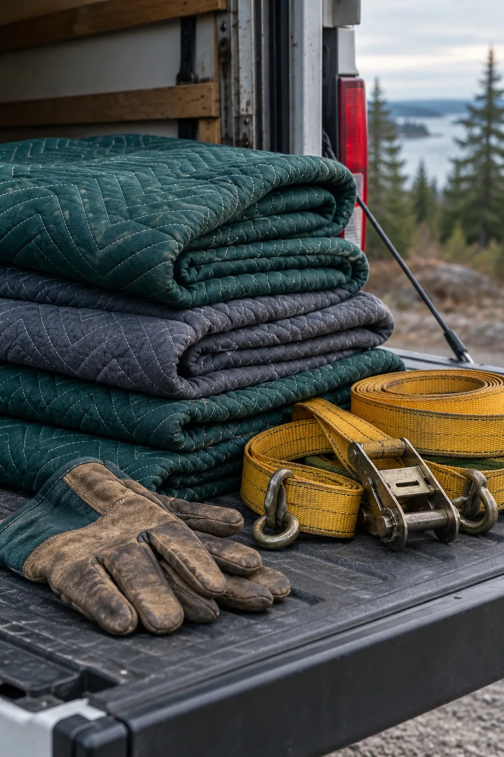 Moving blankets, ratchet straps, and work gloves on a truck tailgate