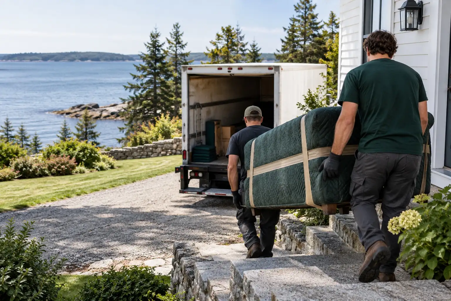 Two movers carrying a wrapped sofa down granite steps toward a box truck